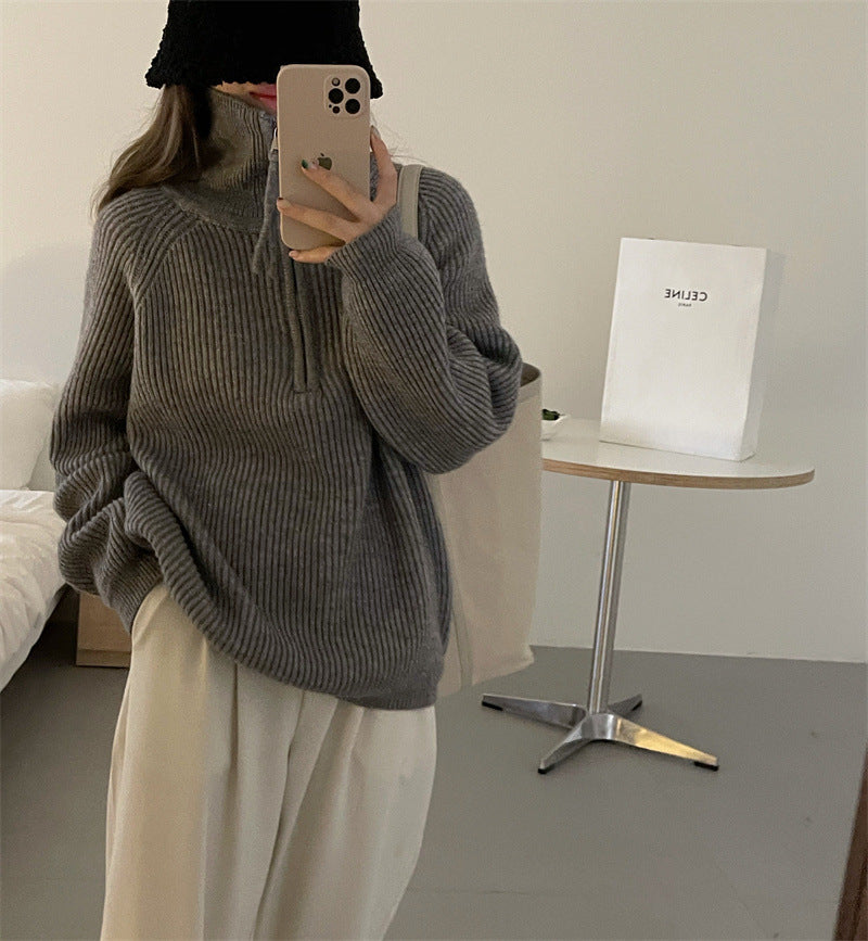 Aiertu clothes Korean Style Half Zipper Sweater Women's Autumn and Winter New Style Pit Design Sense Stand Collar Soft Glutinous Loose Outer Wear Sweater Top aiertu