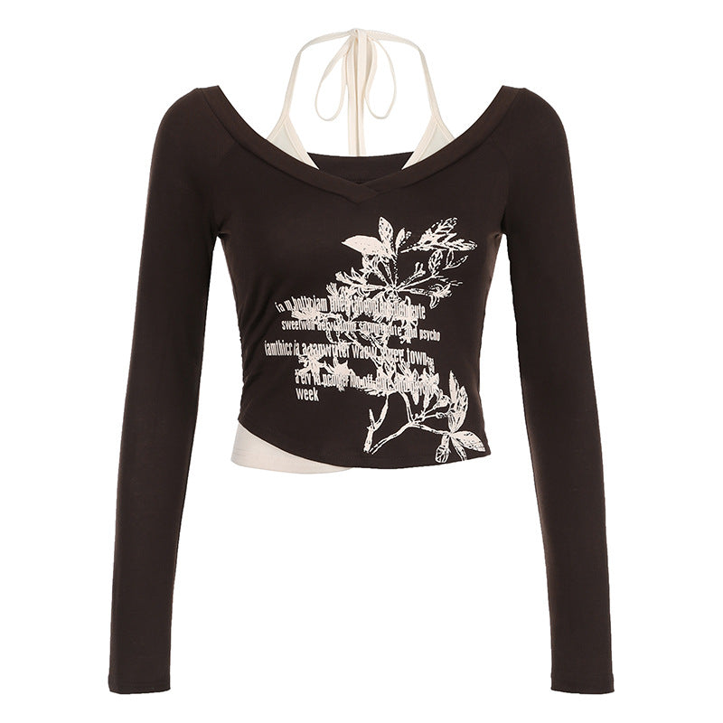 Aiertu fashion outfits Collar Printed Contrast Color Fake Two-Piece T-shirt Autumn Hot Girl Sexy Short Halter aiertu