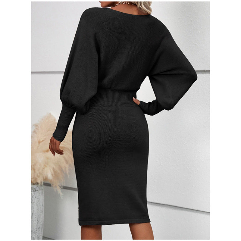 Aiertu black sweater dress outfit Women's Knitted Sweater Dress Elegant round Neck Long Sleeve Sexy Solid Color Waist Slimming Sheath Skirt aiertu