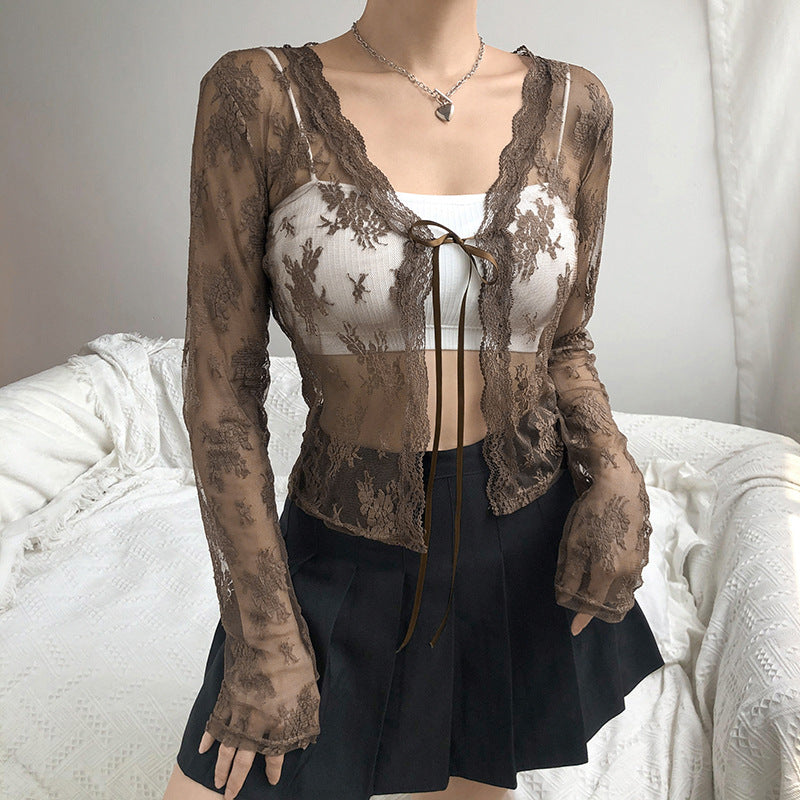 Aiertu trashy outfits Style Women's Clothing Summer New Fashion Hot Girl Sexy Mesh Lace Cardigan T-shirt for Women aiertu