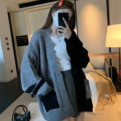 Aiertu cold weather outfits Contrast Color Stitching Knitted Cardigan 2024 Autumn and Winter Korean Style Large Loose Lazy Style Sweater Coat aiertu