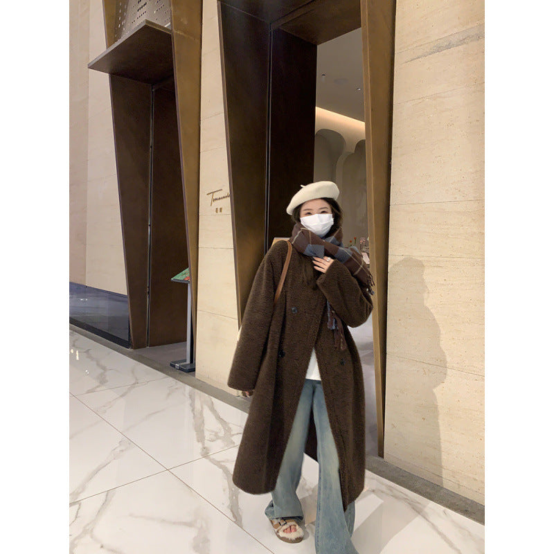 Aiertu cold weather outfits Winter Lamb Wool Long Coat Coat Women's Loose round Neck Thickened Double Breasted Korean Style Warm Fur Integrated aiertu