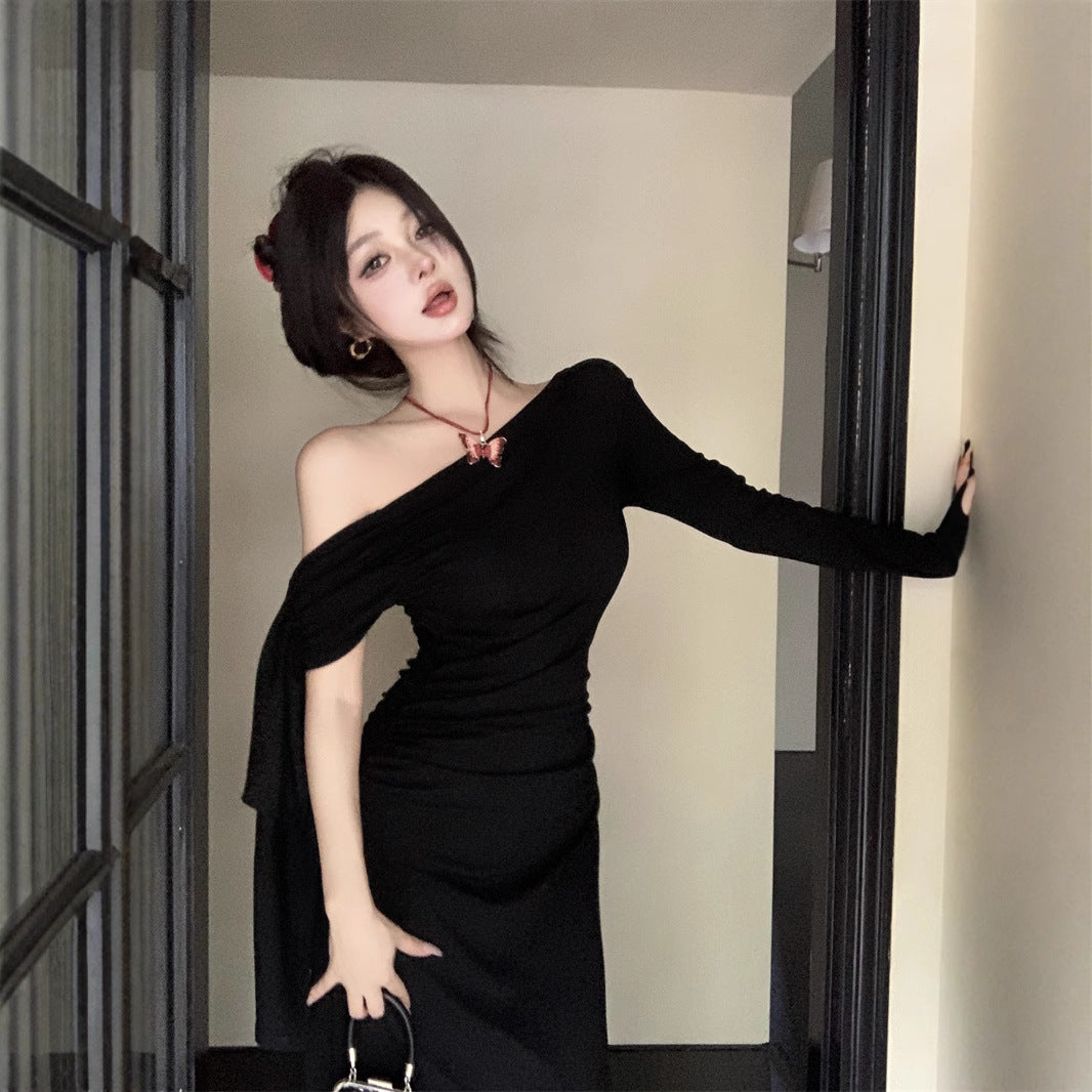Aiertu fall outfits Wine Red Ribbon Shoulder Long Sleeve Dress Women's Autumn Slim Irregular Skirt Tight Waist Sheath Dress aiertu