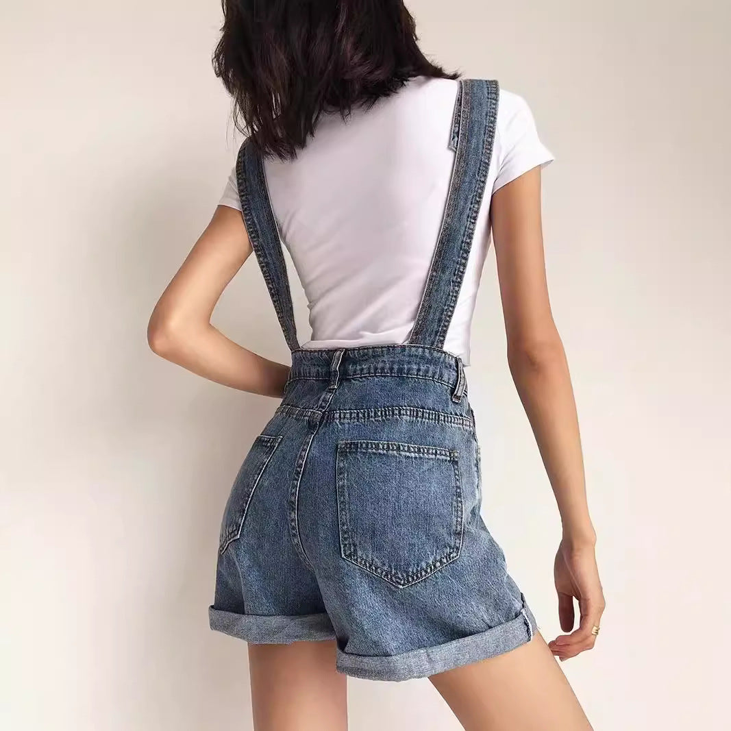 Aiertu Summer Korean Style Student Denim Suspender Pants Women's Preppy Style Wide Leg Shorts Loose Curling Denim Tide aiertu