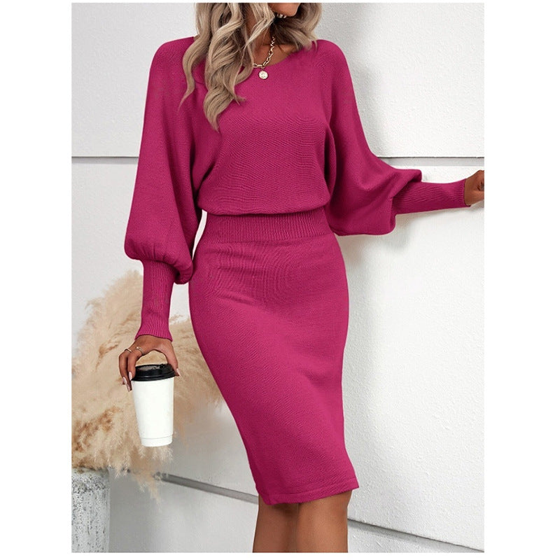 Aiertu black sweater dress outfit Women's Knitted Sweater Dress Elegant round Neck Long Sleeve Sexy Solid Color Waist Slimming Sheath Skirt aiertu