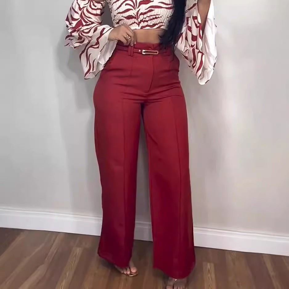 Aiertu style Women's Suit Autumn off-the-Shoulder Solid Color Trousers Two-Piece Set aiertu