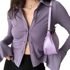 Aiertu 2000s fashion Five-Color All-Match Polo Lapel Bell Sleeve Shirt Women's American-Style Slim-Fit Stretch Long-Sleeved Shirt aiertu