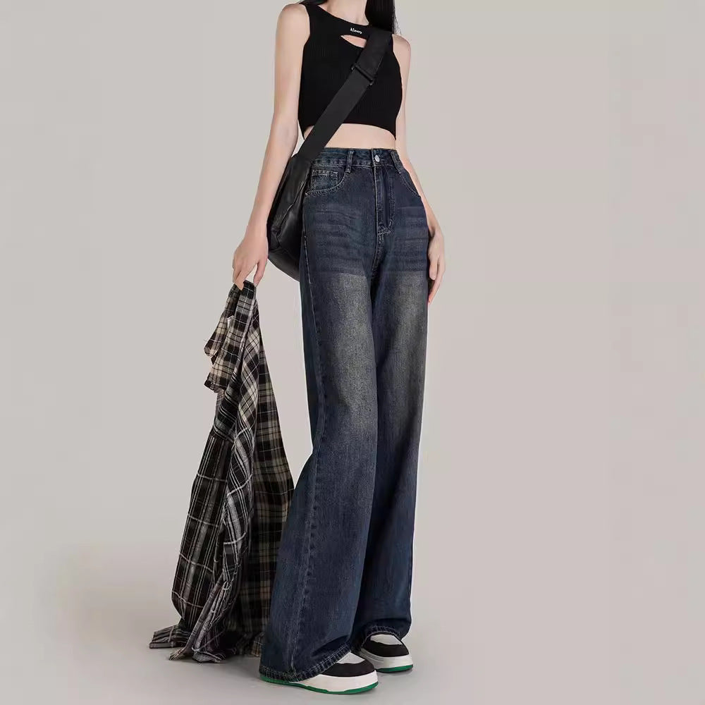 Aiertu shamar Micro Flared Jeans Women's Autumn and Winter Retro Blue High Waist Loose Wide Leg Pants Small Mop Long Pants aiertu