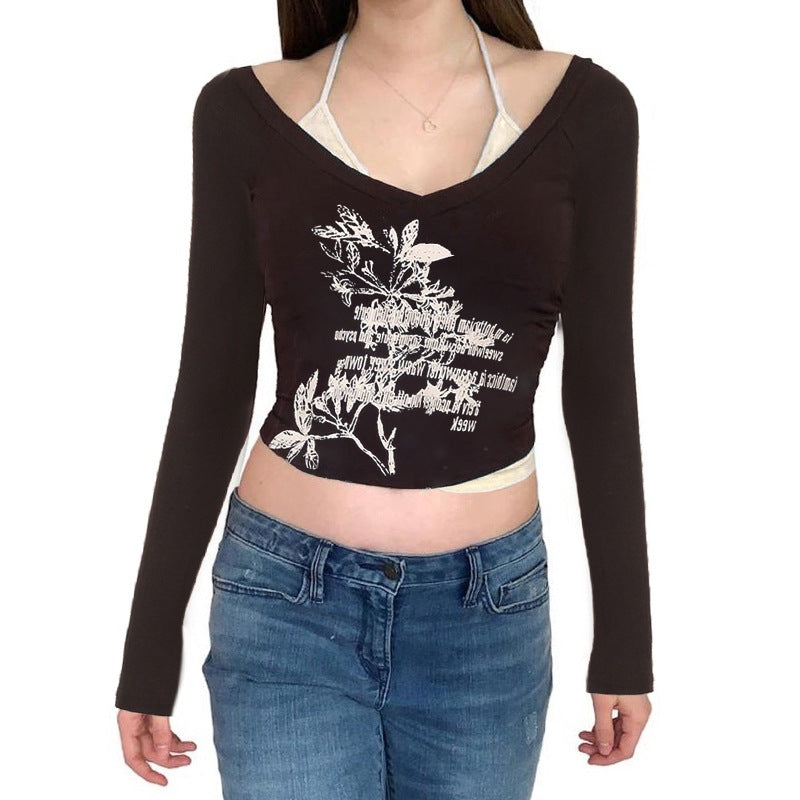 Aiertu fashion outfits Collar Printed Contrast Color Fake Two-Piece T-shirt Autumn Hot Girl Sexy Short Halter aiertu