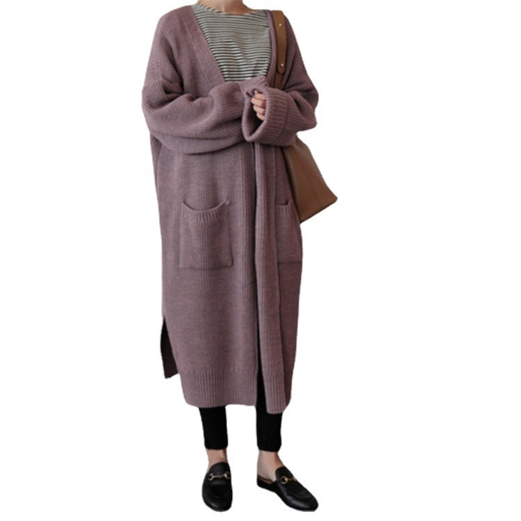 Aiertu fall outfits Retro Mid-Length Curling Solid Color Lazy Loose Knitted Long-Sleeved Sweater Coat for Women aiertu