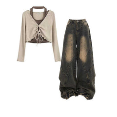 Aiertu shamar Retro Hong Kong Style Wear a Whole Suit Two-Piece Halter Top with Casual Jeans Two-Piece Set aiertu