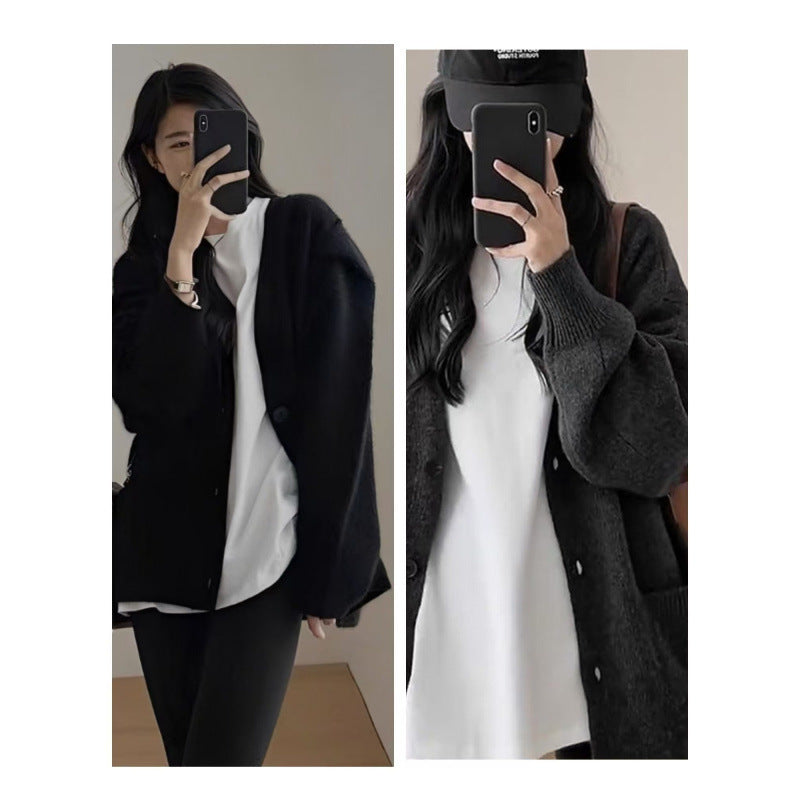 Aiertu datenight fall outfits Korean Style Black Knitted Sweater Cardigan Coat Women's Gentle Lazy Style Autumn and Winter Soft Glutinous V-neck Top aiertu