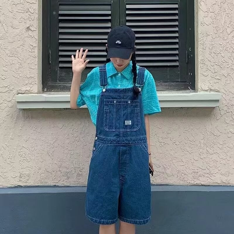 Aiertu Loose Blue Denim Suspender Pants Women's Spring Girlfriends Wear Wide Leg Shorts Slimming Age-Reducing One-Piece Pants aiertu