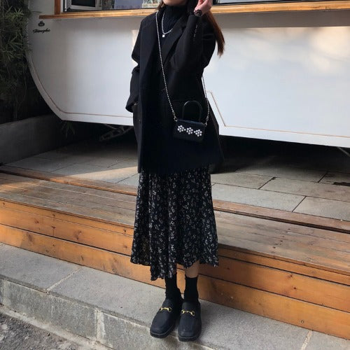 Aiertu midi skirt outfit fall French Retro Chiffon Floral Skirt Black Skirt Women's Spring and Summer Mid-Length Drape Slimming Long Skirt aiertu