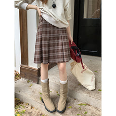 Aiertu fashion outfits American Style Retro Brown Plaid Skirt Women's Autumn Korean Style High Waist Slimming Sweet Spicy A- line Pleated Short Skirt aiertu