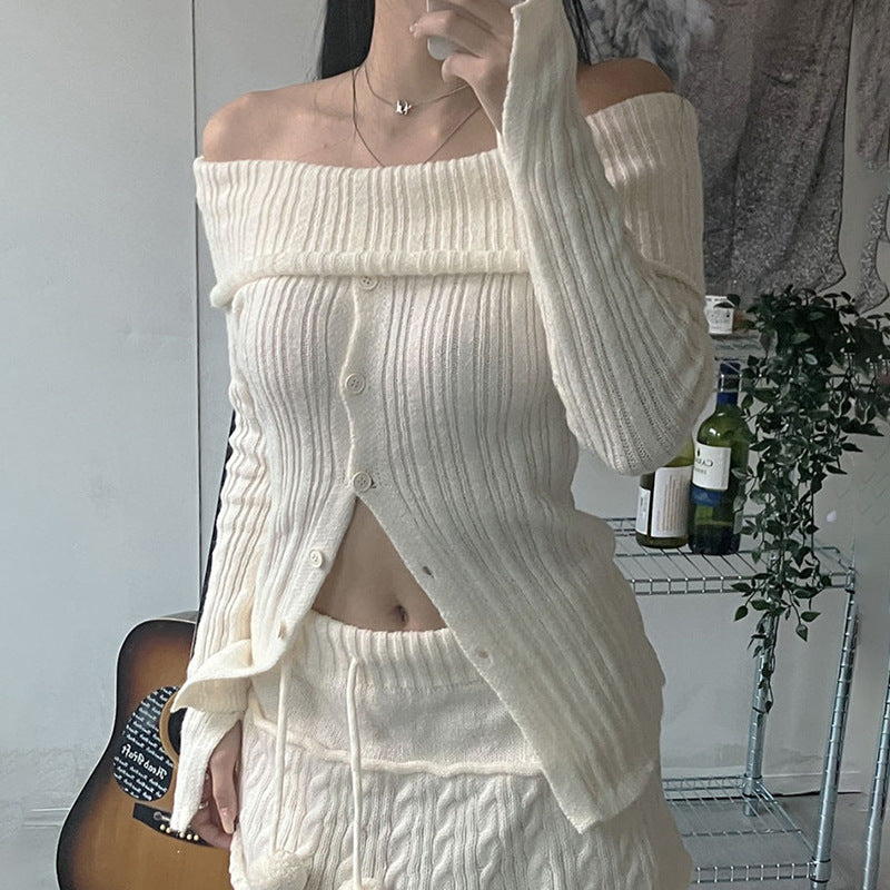 Aiertu simple winter outfits Millennium Hot Girl White Moonlight Split Breasted Flip off-Shoulder Long Sleeve Top Lazy Style Slimming Sweater aiertu