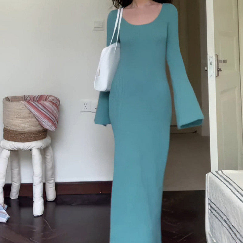 Aiertu fashion outfits Hong Kong Style Retro French Bell Sleeve round Neck Knitted Dress Women's Autumn Bottoming Dress Unique Super Nice Niche aiertu