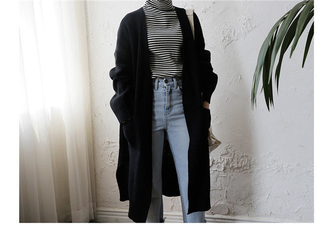Aiertu fall outfits Retro Mid-Length Curling Solid Color Lazy Loose Knitted Long-Sleeved Sweater Coat for Women aiertu