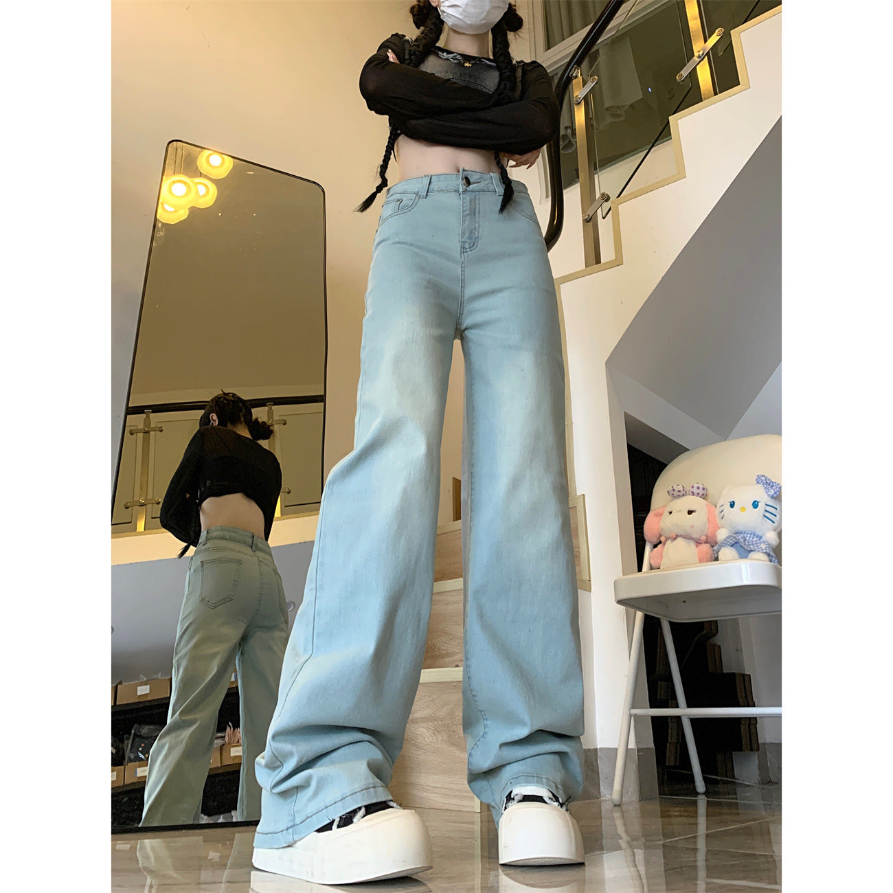 Aiertu Stretch High Street Nostalgic Light-Colored High Waist Jeans Women's Straight Mop Drape Small Narrow Wide Leg aiertu