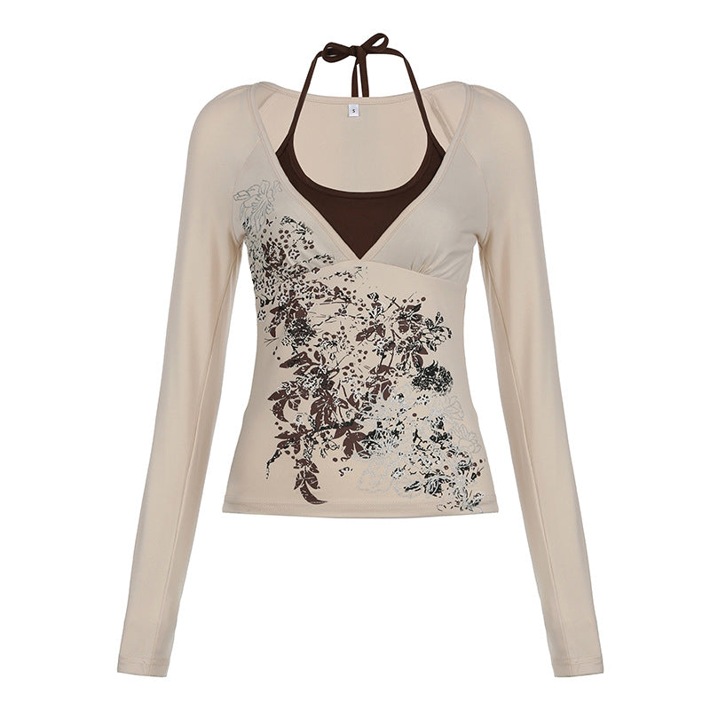 Aiertu fashion outfits American Retro Printed Halter Fake Two-Piece T-shirt Autumn Slim Fit Slimming Hot Girl V-neck Contrast Color Long Sleeve Top aiertu