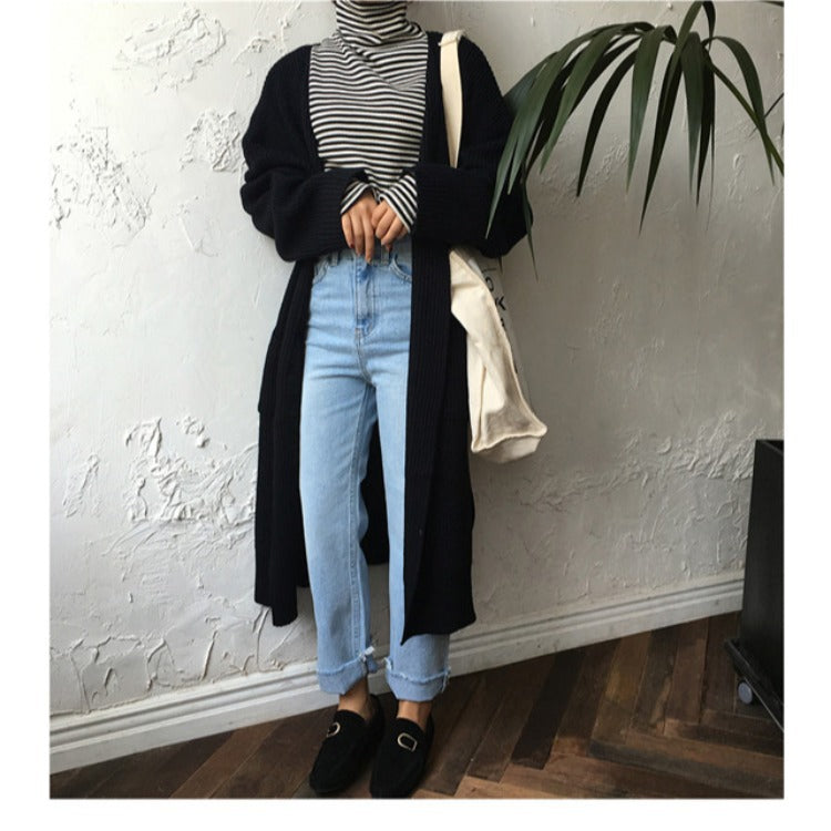 Aiertu fall outfits Retro Mid-Length Curling Solid Color Lazy Loose Knitted Long-Sleeved Sweater Coat for Women aiertu