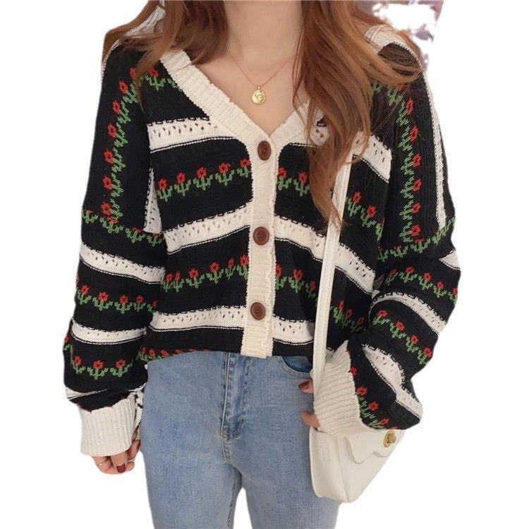 Aiertu teacher outfits Korean Style Retro Hollow Flower Jacquard Sweater Women's Knitted Cardigan New Autumn Knitted Long Sleeve Cardigan Coat Fashion aiertu
