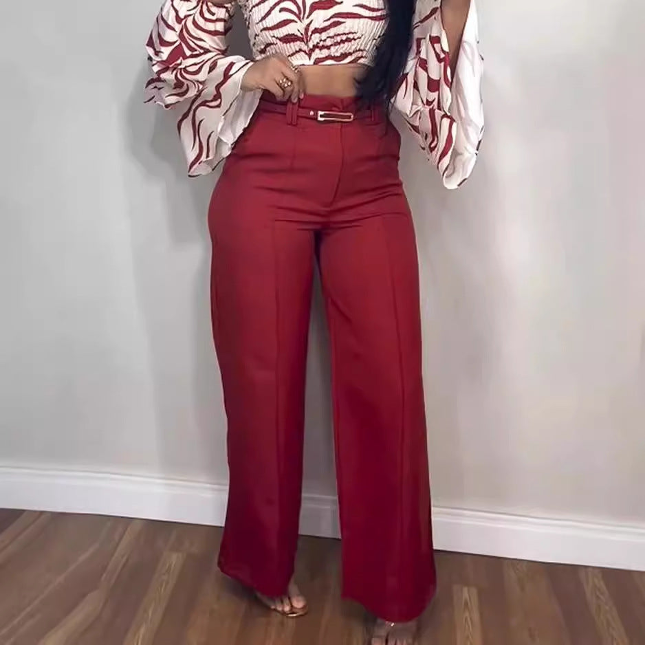 Aiertu style Women's Suit Autumn off-the-Shoulder Solid Color Trousers Two-Piece Set aiertu