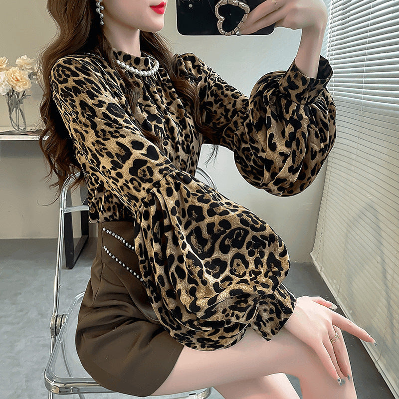 Aiertu business casual outfits Leopard Print Fashion Top Independent Lantern Sleeve Loose Temperament Shirt for Women aiertu