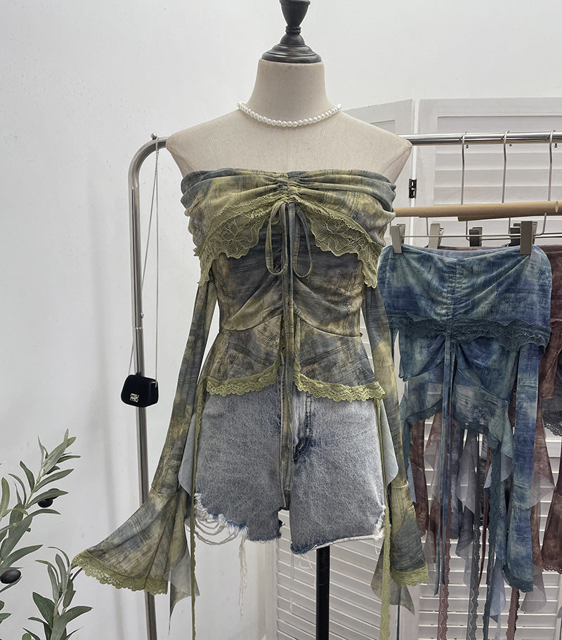 Aiertu trashy outfits Niche Vintage Green off-Shoulder Bell Sleeve Top Blooming Mesh Lace Drawstring Short T-shirt aiertu