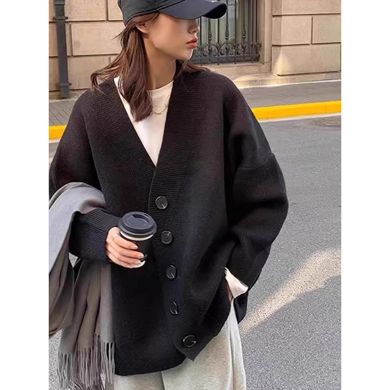 Aiertu datenight fall outfits Black V-neck Knitted Cardigan for Women Autumn and Winter Outer Wear Fashionable Western Style Top Loose Lazy Style Mid-Length Women aiertu