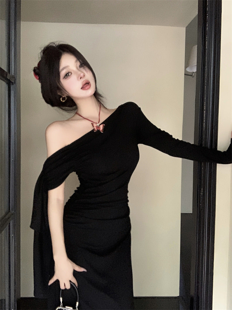 Aiertu fall outfits Wine Red Ribbon Shoulder Long Sleeve Dress Women's Autumn Slim Irregular Skirt Tight Waist Sheath Dress aiertu