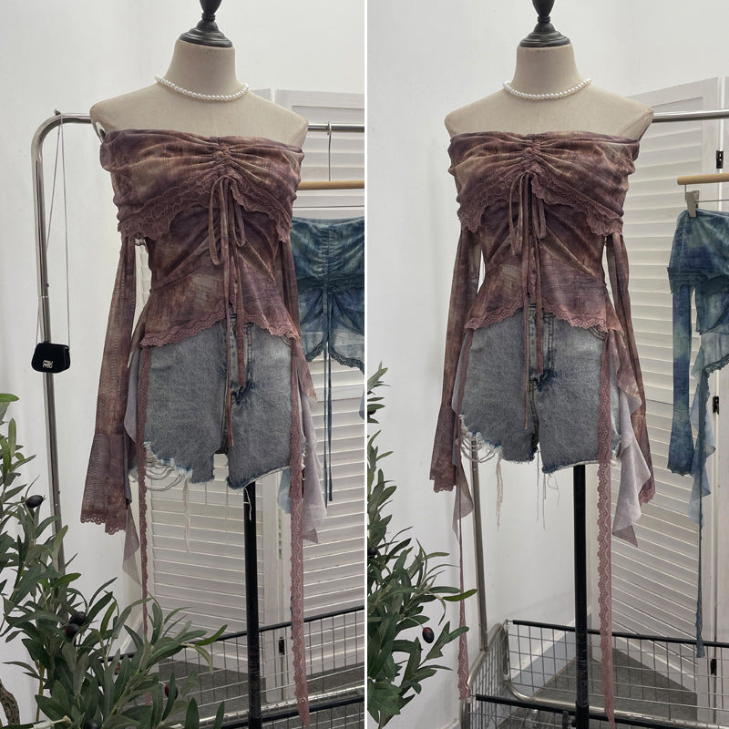 Aiertu trashy outfits Niche Vintage Green off-Shoulder Bell Sleeve Top Blooming Mesh Lace Drawstring Short T-shirt aiertu