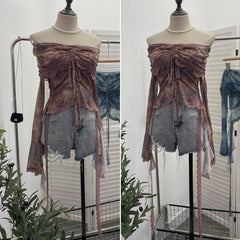 Aiertu trashy outfits Niche Vintage Green off-Shoulder Bell Sleeve Top Blooming Mesh Lace Drawstring Short T-shirt aiertu