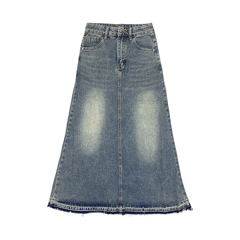 Aiertu 90s fashion Autumn New Women's Retro Frayed Denim Skirt High Waist Slimming A- line Large Swing Dress Sexy aiertu