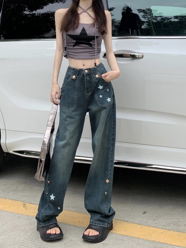 Aiertu shamar American High Street Star Straight Jeans Women's Spring and Autumn Retro High Waist Loose Slimming Wide Leg Trousers aiertu