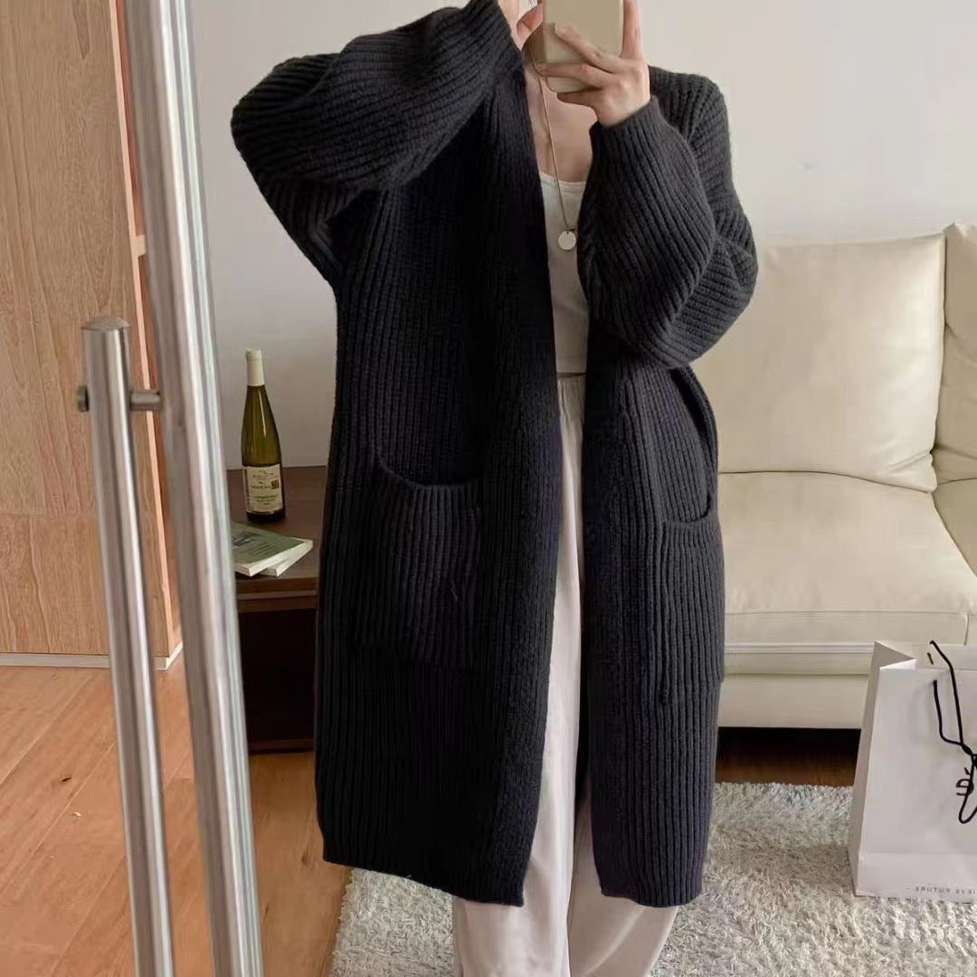 Aiertu fall outfits Solid Color Knitted Cardigan Women's Autumn and Winter Loose Temperament V-neck Lazy Style Mid-Length over-the-Knee Sweater Coat Fashion aiertu