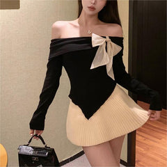 Aiertu outfit Spring off-Shoulder Big Bow off-Shoulder Long Sleeve T-shirt Women's Sweater Top Bottoming Sweater aiertu