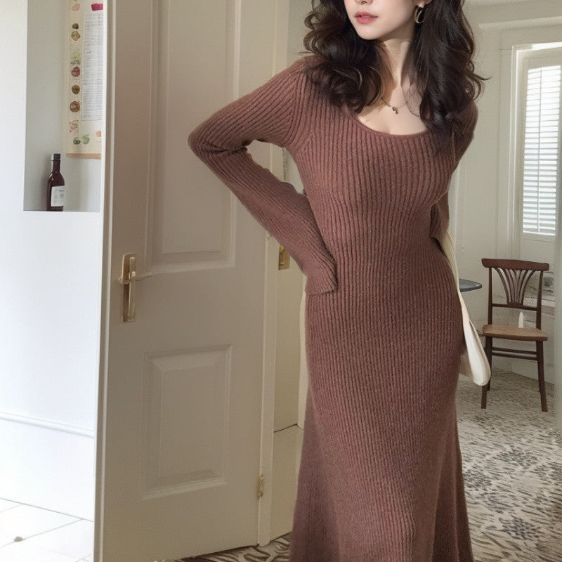 Aiertu fashion outfits Hong Kong Style Retro French Bell Sleeve round Neck Knitted Dress Women's Autumn Bottoming Dress Unique Super Nice Niche aiertu