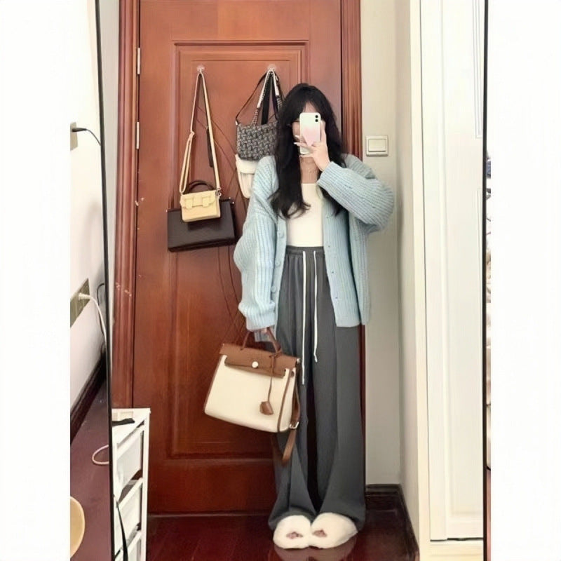 Aiertu fall outfits women Autumn and Winter Creamy-white Lazy Style Sweater Wide Leg Pants High-Grade Three-Piece Suit aiertu
