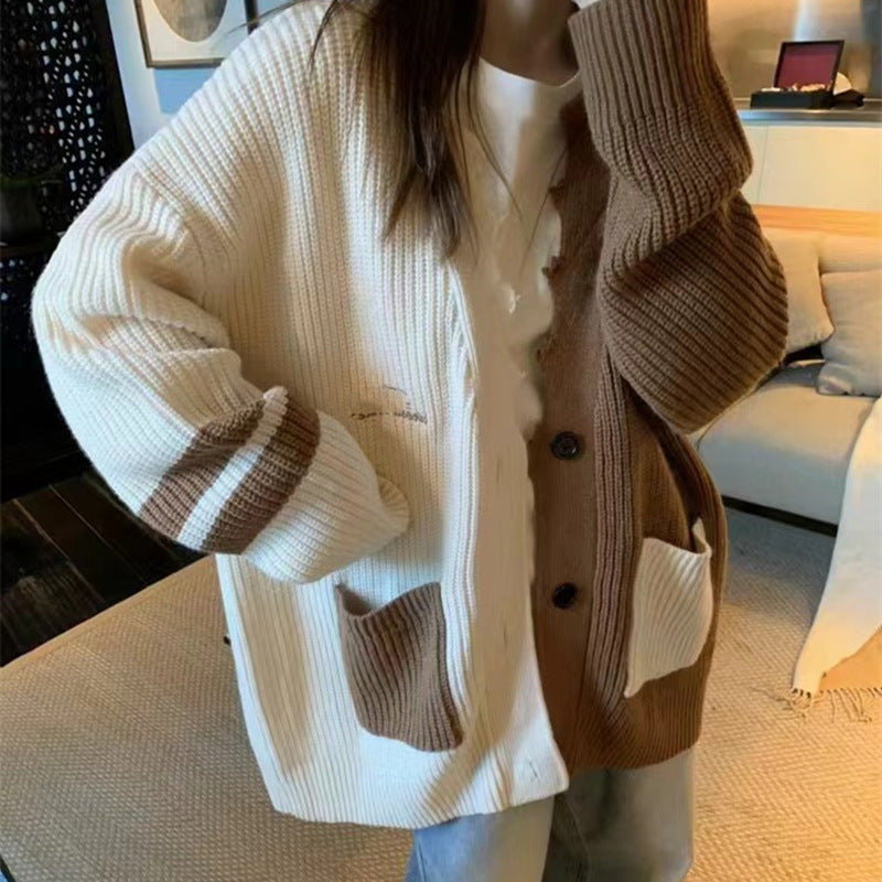 Aiertu cold weather outfits Contrast Color Stitching Knitted Cardigan 2024 Autumn and Winter Korean Style Large Loose Lazy Style Sweater Coat aiertu