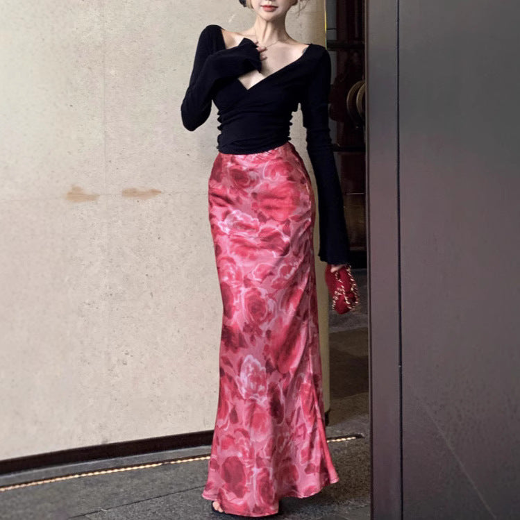 Aiertu hoco dresses Sexy Hot Girl Deep V-neck Cross Sweater Vintage Satin Printed Fishtail Skirt Suit aiertu