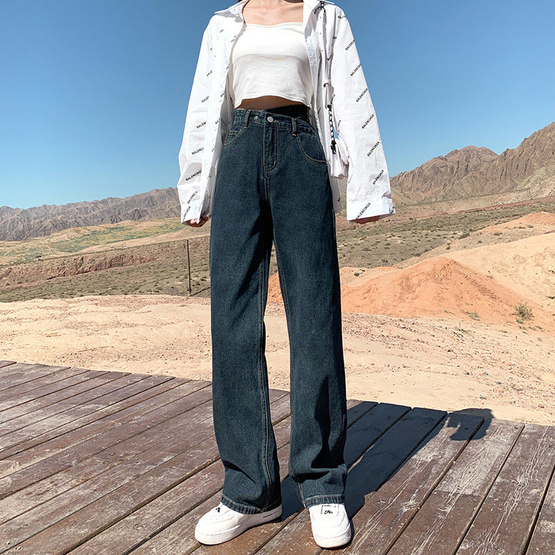Aiertu casual fall outfits Black Jeans Women's Straight Loose Spring and Autumn Slimming Mop High Waist Wide Leg Pants aiertu
