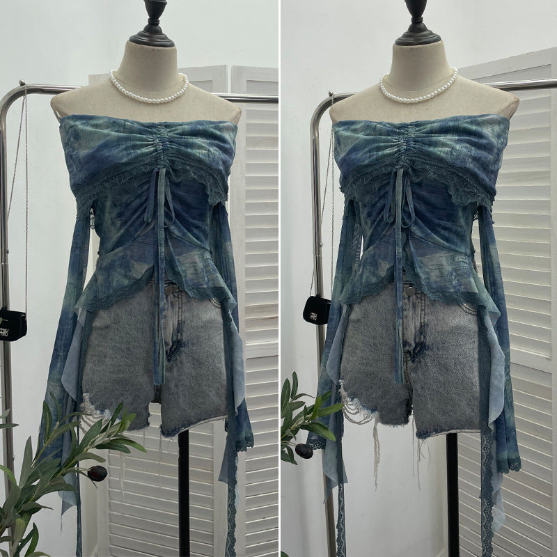 Aiertu trashy outfits Niche Vintage Green off-Shoulder Bell Sleeve Top Blooming Mesh Lace Drawstring Short T-shirt aiertu