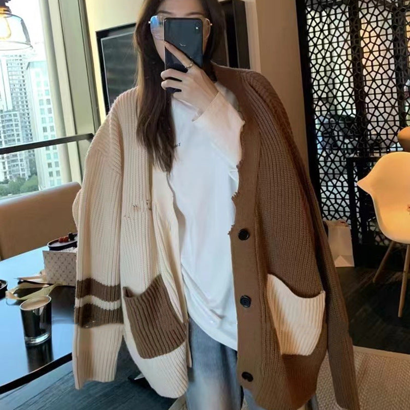 Aiertu cold weather outfits Contrast Color Stitching Knitted Cardigan 2024 Autumn and Winter Korean Style Large Loose Lazy Style Sweater Coat aiertu