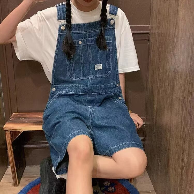 Aiertu Loose Blue Denim Suspender Pants Women's Spring Girlfriends Wear Wide Leg Shorts Slimming Age-Reducing One-Piece Pants aiertu