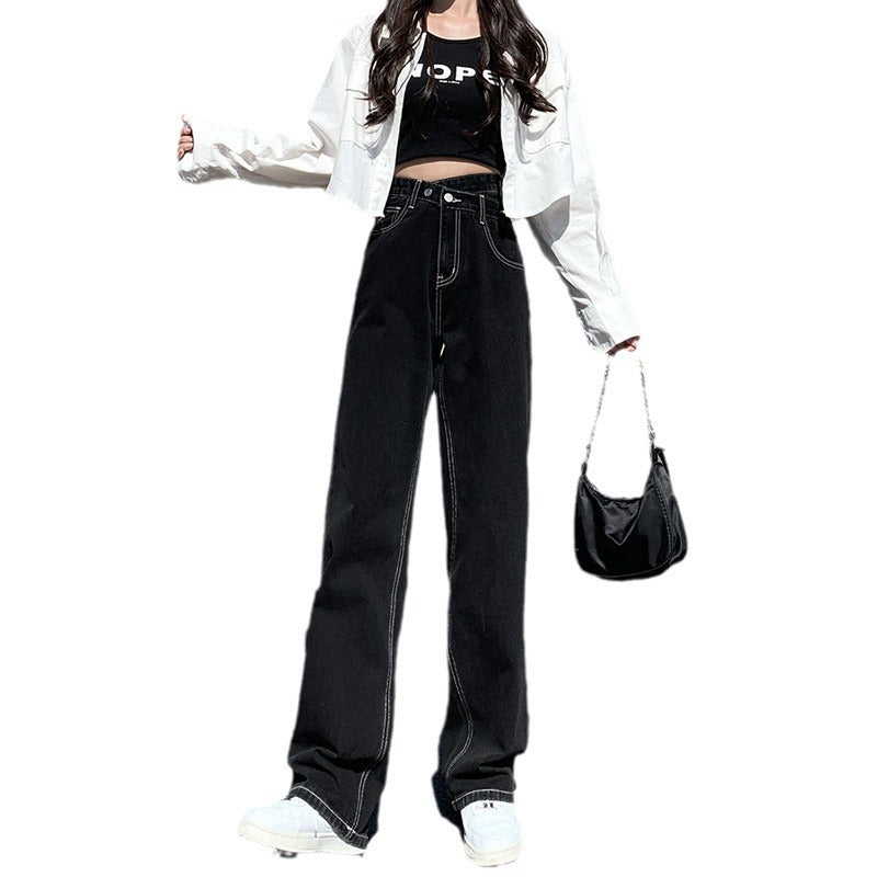Aiertu casual fall outfits Black Jeans Women's Straight Loose Spring and Autumn Slimming Mop High Waist Wide Leg Pants aiertu