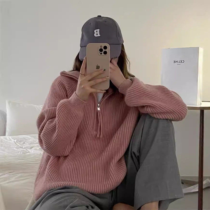 Aiertu clothes Korean Style Half Zipper Sweater Women's Autumn and Winter New Style Pit Design Sense Stand Collar Soft Glutinous Loose Outer Wear Sweater Top aiertu