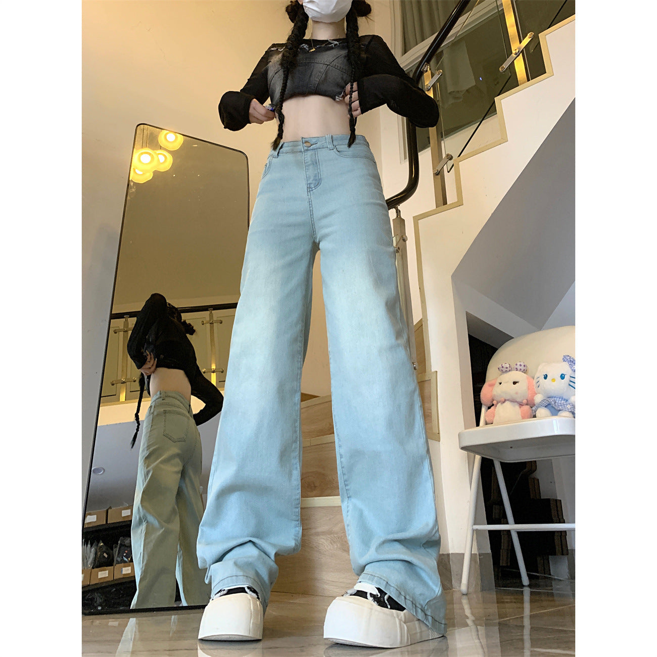 Aiertu Stretch High Street Nostalgic Light-Colored High Waist Jeans Women's Straight Mop Drape Small Narrow Wide Leg aiertu