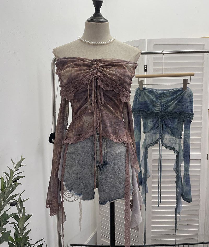 Aiertu trashy outfits Niche Vintage Green off-Shoulder Bell Sleeve Top Blooming Mesh Lace Drawstring Short T-shirt aiertu