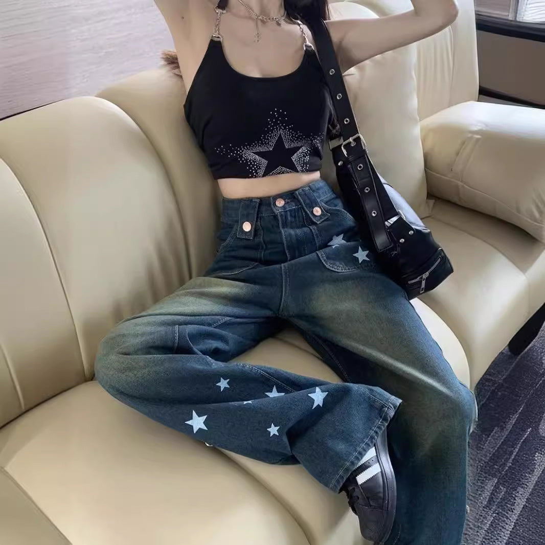 Aiertu shamar Star Straight Jeans American Retro High Waist Slimming Trendy Fashionable Mopping Wide Leg Pants for Women aiertu